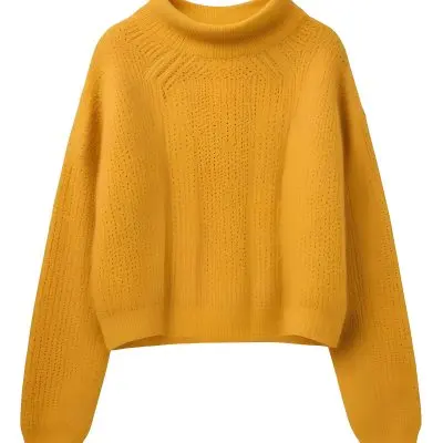 A Yellow Knitted Sweater With Long Sleeves And A High Neck Isolated On A White Background 22 3e45