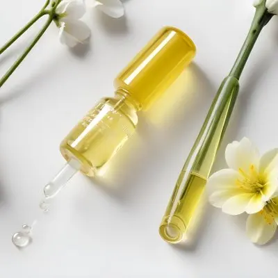 A Yellow Serum In A Glass Bottle With A White Dropper Next To Some White Flowers On A White Background 29 4682