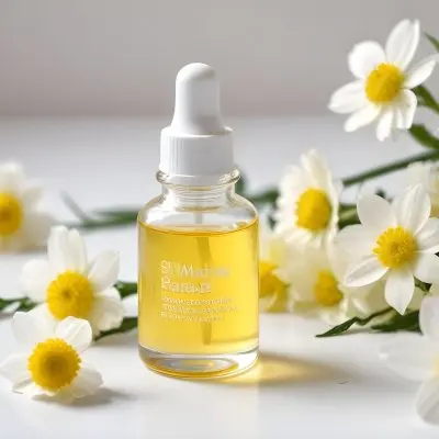 A Yellow Serum In A Glass Bottle With A White Dropper Next To Some White Flowers On A White Background 37 D49b