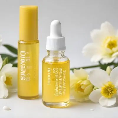 A Yellow Serum In A Glass Bottle With A White Dropper Next To Some White Flowers On A White Background 45 7acd