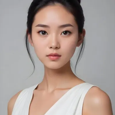 A Young 25 Year Old East Asian Woman With Long Dark Hair And A Neutral Facial Expression Wearing A White Dress Against A Plain Gray Background 6 E1f7