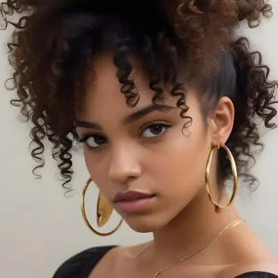 A Young African American Woman With Curly Dark Hair Wearing Gold Hoop Earrings And A Black Top 28 1a1f