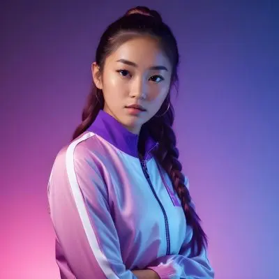 A Young Asian Woman Approximately 20 Years Old With Long Hair Styled In A Braid She Is Wearing A Shiny Purple And Pink Athletic Jacket And White Pants The Background Features Vibrant Pink And Blue Lighting Creati 12 650e