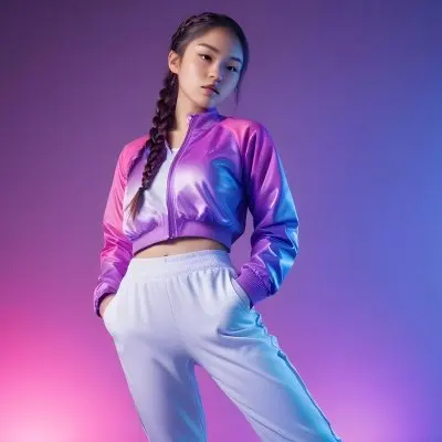 A Young Asian Woman Approximately 20 Years Old With Long Hair Styled In A Braid She Is Wearing A Shiny Purple And Pink Athletic Jacket And White Pants The Background Features Vibrant Pink And Blue Lighting Creati 14 F94e