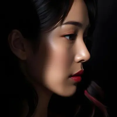 A Young Asian Woman With Dark Hair And A Side Profile View Her Skin Is Dark And She Has Full Lips With A Deep Red Color The Lighting Creates Dramatic Shadows On Her Face Emphasizing Her Nose And Cheekbone The Backg 19 Fc28