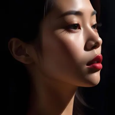 A Young Asian Woman With Dark Hair And A Side Profile View Her Skin Is Dark And She Has Full Lips With A Deep Red Color The Lighting Creates Dramatic Shadows On Her Face Emphasizing Her Nose And Cheekbone The Backg 24 C6ce