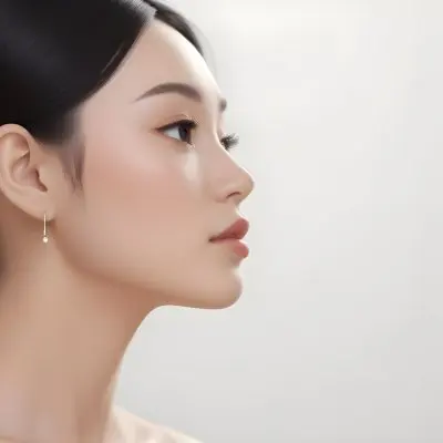 A Young Asian Woman With Light Skin And Long Black Hair Styled In A Sleek Updo Showcasing A Profile View She Has Subtle Makeup With Emphasis On Her Eyes And Lips Wearing A Small Earring The Background Is A Soft Li 10 Be0b