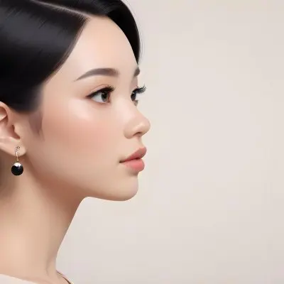 A Young Asian Woman With Light Skin And Long Black Hair Styled In A Sleek Updo Showcasing A Profile View She Has Subtle Makeup With Emphasis On Her Eyes And Lips Wearing A Small Earring The Background Is A Soft Li 14 8d0b