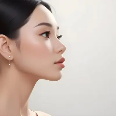 A Young Asian Woman With Light Skin And Long Black Hair Styled In A Sleek Updo Showcasing A Profile View She Has Subtle Makeup With Emphasis On Her Eyes And Lips Wearing A Small Earring The Background Is A Soft Li 16 D575