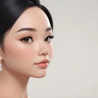 A Young Asian Woman With Light Skin And Long Black Hair Styled In A Sleek Updo Showcasing A Profile View She Has Subtle Makeup With Emphasis On Her Eyes And Lips Wearing A Small Earring The Background Is A Soft Li 20 C18b