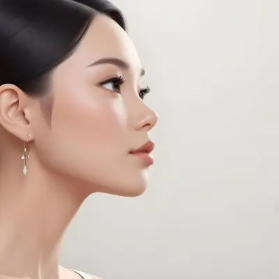 A Young Asian Woman With Light Skin And Long Black Hair Styled In A Sleek Updo Showcasing A Profile View She Has Subtle Makeup With Emphasis On Her Eyes And Lips Wearing A Small Earring The Background Is A Soft Li 22 1aa6