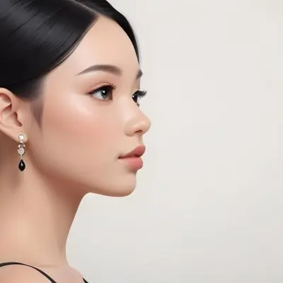 A Young Asian Woman With Light Skin And Long Black Hair Styled In A Sleek Updo Showcasing A Profile View She Has Subtle Makeup With Emphasis On Her Eyes And Lips Wearing A Small Earring The Background Is A Soft Li 26 339c