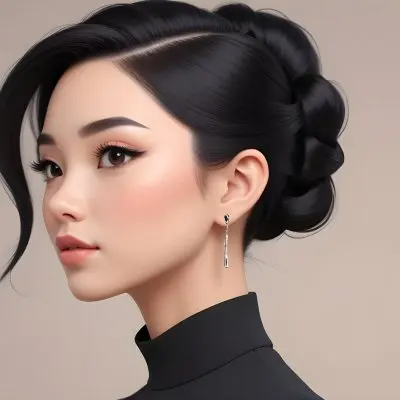 A Young Asian Woman With Light Skin And Long Black Hair Styled In A Sleek Updo Showcasing A Profile View She Has Subtle Makeup With Emphasis On Her Eyes And Lips Wearing A Small Earring The Background Is A Soft Li 28 27b2