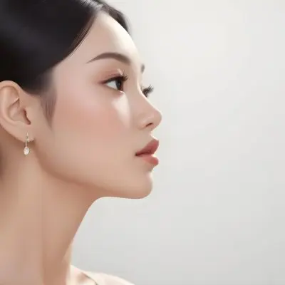 A Young Asian Woman With Light Skin And Long Black Hair Styled In A Sleek Updo Showcasing A Profile View She Has Subtle Makeup With Emphasis On Her Eyes And Lips Wearing A Small Earring The Background Is A Soft Li 3 1961
