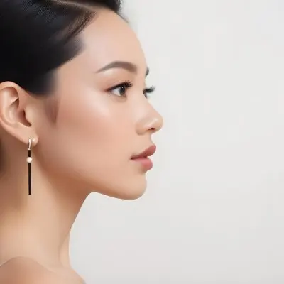 A Young Asian Woman With Light Skin And Long Black Hair Styled In A Sleek Updo Showcasing A Profile View She Has Subtle Makeup With Emphasis On Her Eyes And Lips Wearing A Small Earring The Background Is A Soft Li 40 1b5e