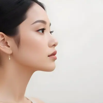 A Young Asian Woman With Light Skin And Long Black Hair Styled In A Sleek Updo Showcasing A Profile View She Has Subtle Makeup With Emphasis On Her Eyes And Lips Wearing A Small Earring The Background Is A Soft Li 44 8bb9