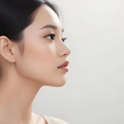 A Young Asian Woman With Light Skin And Long Black Hair Styled In A Sleek Updo Showcasing A Profile View She Has Subtle Makeup With Emphasis On Her Eyes And Lips Wearing A Small Earring The Background Is A Soft Li 48 6efd