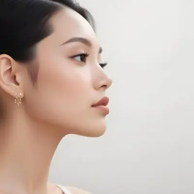 A Young Asian Woman With Light Skin And Long Black Hair Styled In A Sleek Updo Showcasing A Profile View She Has Subtle Makeup With Emphasis On Her Eyes And Lips Wearing A Small Earring The Background Is A Soft Li 50 5ed7