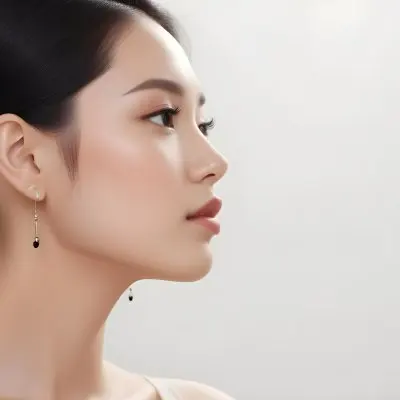 A Young Asian Woman With Light Skin And Long Black Hair Styled In A Sleek Updo Showcasing A Profile View She Has Subtle Makeup With Emphasis On Her Eyes And Lips Wearing A Small Earring The Background Is A Soft Li 51 478d