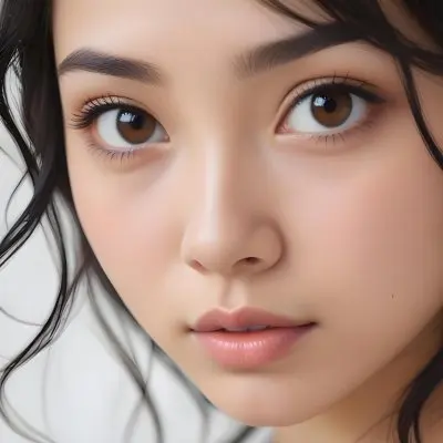 A Young Asian Woman With Light Skin And Long Wavy Black Hair She Has Large Brown Eyes Subtle Makeup And A Natural Expression The Background Is A Soft Light Color Emphasizing Her Features 20 Ec15