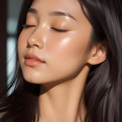 A Young Asian Woman With Long Dark Hair And A Glowing Complexion Her Eyes Closed And Lips Slightly Parted Appearing Serene And Peaceful In A Sunlit Room 4 7144