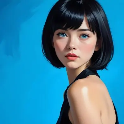 A Young Asian Woman With Short Black Hair And Blue Eyes Wearing A Black Dress Against A Bright Blue Background 10 0b24