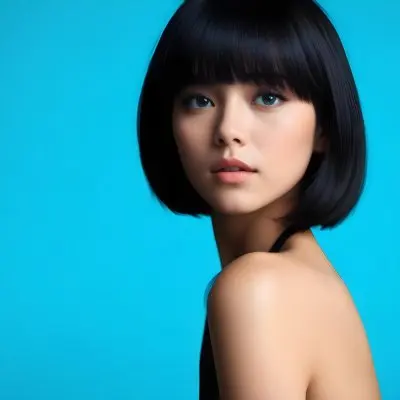 A Young Asian Woman With Short Black Hair And Blue Eyes Wearing A Black Dress Against A Bright Blue Background 18 8418