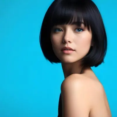 A Young Asian Woman With Short Black Hair And Blue Eyes Wearing A Black Dress Against A Bright Blue Background 19 D790