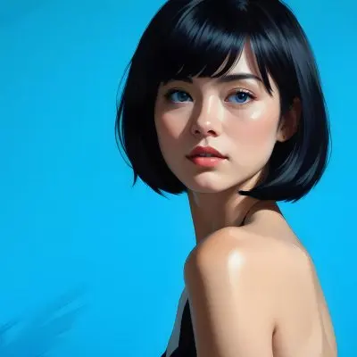 A Young Asian Woman With Short Black Hair And Blue Eyes Wearing A Black Dress Against A Bright Blue Background 2 F235