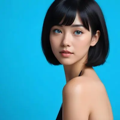 A Young Asian Woman With Short Black Hair And Blue Eyes Wearing A Black Dress Against A Bright Blue Background 21 Ca02