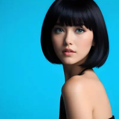 A Young Asian Woman With Short Black Hair And Blue Eyes Wearing A Black Dress Against A Bright Blue Background 28 7d25