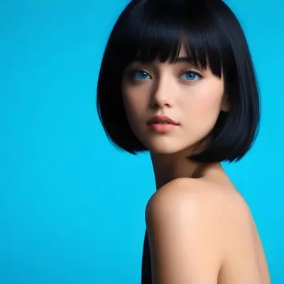 A Young Asian Woman With Short Black Hair And Blue Eyes Wearing A Black Dress Against A Bright Blue Background 35 5cd6