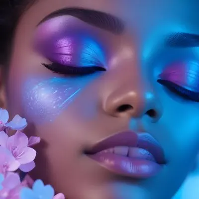 A Young Black Woman With Closed Eyes Showcasing Vibrant Makeup With Shimmering Eyeshadow In Shades Of Blue And Pink Her Skin Has A Smooth Radiant Appearance Delicate Pink Flowers Are Positioned Near Her Face Enhanci 9e8e