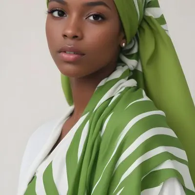 A Young Black Woman With Dark Skin And Full Lips Wearing A Green And White Striped Headscarf And A Green And White Striped Dress Against A Plain Background 17 C980