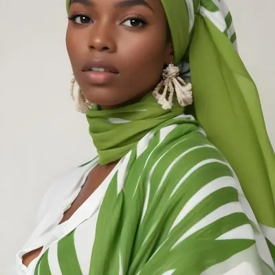 A Young Black Woman With Dark Skin And Full Lips Wearing A Green And White Striped Headscarf And A Green And White Striped Dress Against A Plain Background 40 2317