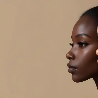 A Young Black Woman With Dark Skin And Long Straight Hair Styled Back Showcasing Her Profile She Has A Subtle Makeup Look With Highlighted Cheekbones And A Dark Lip Color The Background Is A Soft Neutral Beige Tone 33 4af5