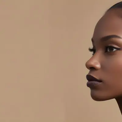 A Young Black Woman With Dark Skin And Long Straight Hair Styled Back Showcasing Her Profile She Has A Subtle Makeup Look With Highlighted Cheekbones And A Dark Lip Color The Background Is A Soft Neutral Beige Tone 57 Adf0