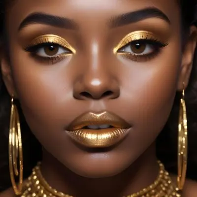 A Young Black Woman With Dark Skin Around 20 Years Old Showcasing Striking Makeup With Golden Eyeshadow And Metallic Gold Lips She Has Dark Wavy Hair And Is Wearing Large Gold Earrings The Background Is Dark Em 1527