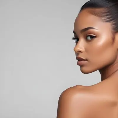 A Young Black Woman With Medium Brown Skin And A Sleek Ponytail Showcasing Her Profile She Has Defined Cheekbones And Is Wearing Minimal Makeup With A Focus On Her Eyes And Lips The Background Is A Soft Light Gray 44 1b32