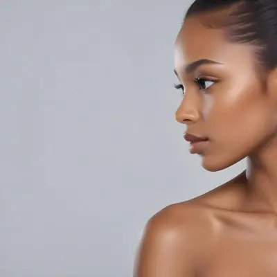 A Young Black Woman With Medium Brown Skin And A Sleek Ponytail Showcasing Her Profile She Has Defined Cheekbones And Is Wearing Minimal Makeup With A Focus On Her Eyes And Lips The Background Is A Soft Light Gray 49 9c6f