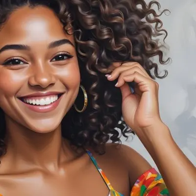 A Young Black Woman With Medium Brown Skin And Curly Hair Smiling While Touching Her Hair She Has A Bright Smile And Is Wearing A Colorful Dress The Background Is A Soft Gray 1 8b2f