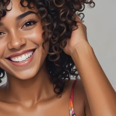 A Young Black Woman With Medium Brown Skin And Curly Hair Smiling While Touching Her Hair She Has A Bright Smile And Is Wearing A Colorful Dress The Background Is A Soft Gray 11 42e1