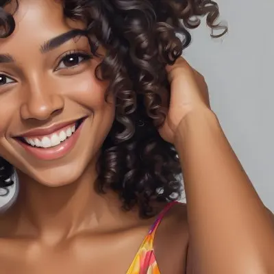 A Young Black Woman With Medium Brown Skin And Curly Hair Smiling While Touching Her Hair She Has A Bright Smile And Is Wearing A Colorful Dress The Background Is A Soft Gray 12 C0df