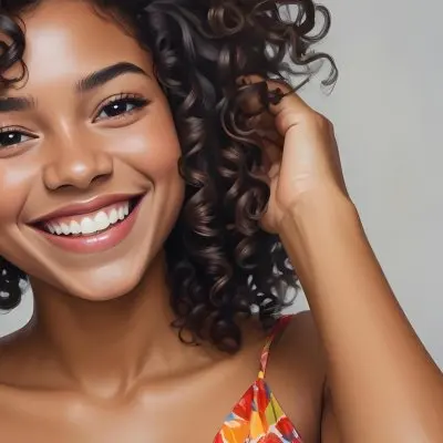 A Young Black Woman With Medium Brown Skin And Curly Hair Smiling While Touching Her Hair She Has A Bright Smile And Is Wearing A Colorful Dress The Background Is A Soft Gray 14 75fe