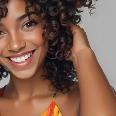A Young Black Woman With Medium Brown Skin And Curly Hair Smiling While Touching Her Hair She Has A Bright Smile And Is Wearing A Colorful Dress The Background Is A Soft Gray 20 9e01