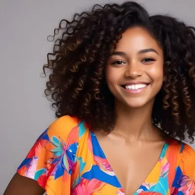 A Young Black Woman With Medium Brown Skin And Curly Hair Smiling While Touching Her Hair She Has A Bright Smile And Is Wearing A Colorful Dress The Background Is A Soft Gray 24 4fd2