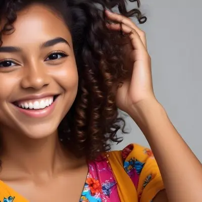 A Young Black Woman With Medium Brown Skin And Curly Hair Smiling While Touching Her Hair She Has A Bright Smile And Is Wearing A Colorful Dress The Background Is A Soft Gray 29 00c6