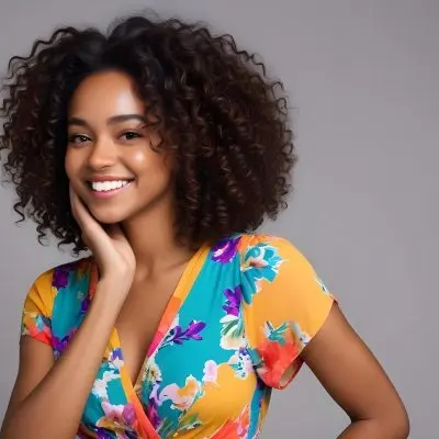 A Young Black Woman With Medium Brown Skin And Curly Hair Smiling While Touching Her Hair She Has A Bright Smile And Is Wearing A Colorful Dress The Background Is A Soft Gray 32 B3d3