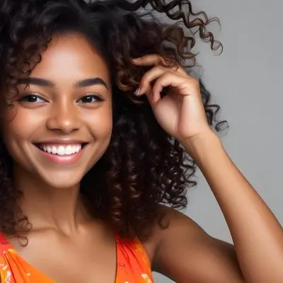 A Young Black Woman With Medium Brown Skin And Curly Hair Smiling While Touching Her Hair She Has A Bright Smile And Is Wearing A Colorful Dress The Background Is A Soft Gray 35 8e1e
