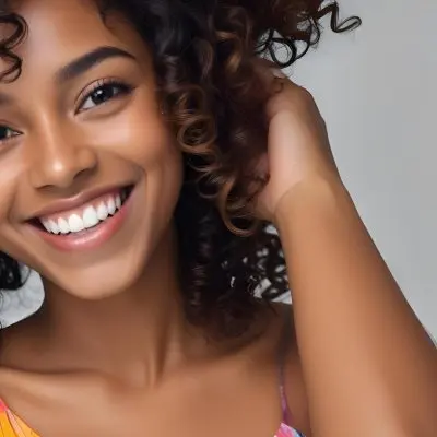 A Young Black Woman With Medium Brown Skin And Curly Hair Smiling While Touching Her Hair She Has A Bright Smile And Is Wearing A Colorful Dress The Background Is A Soft Gray 43 85f4